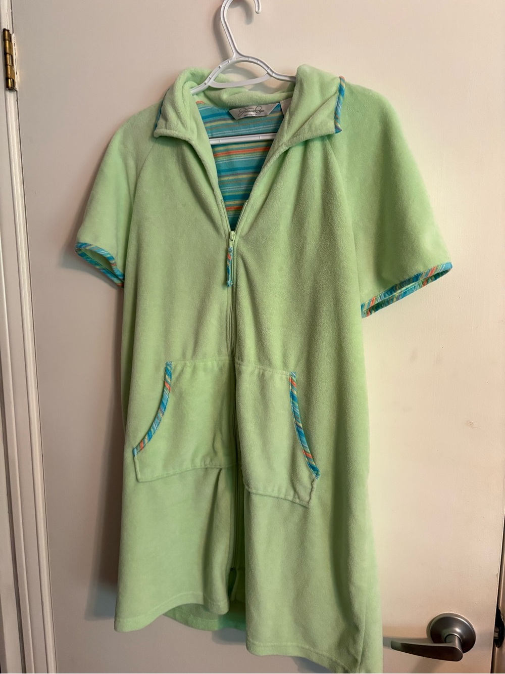 Light Green Short Sleeve Fleece Cover up with Striped Trim
